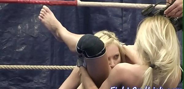  Pussylicking babes wrestle in a boxing ring